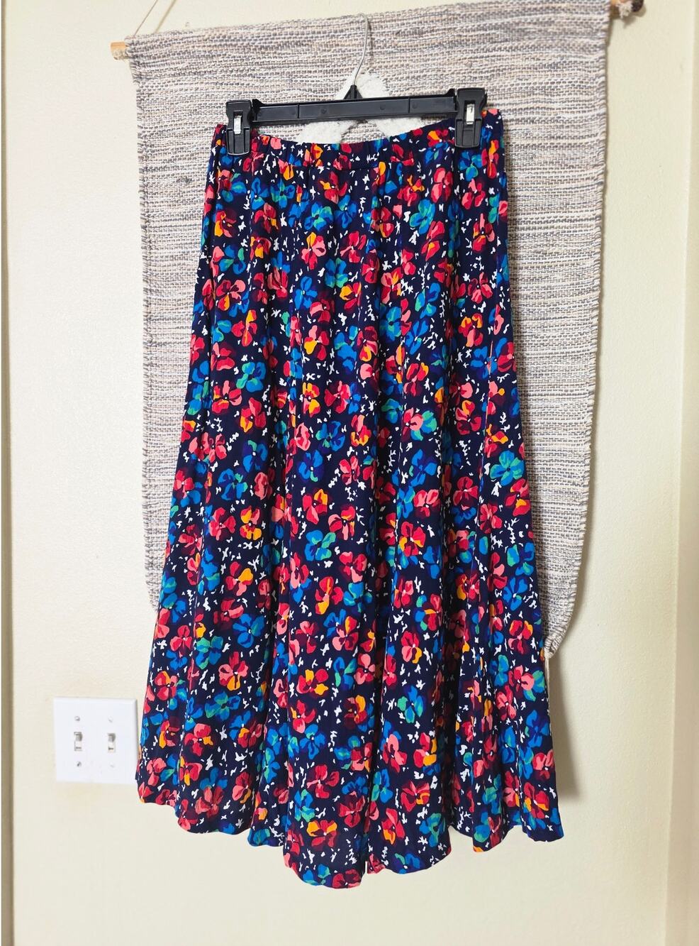 Vintage Liz Claiborne Floral Midi Skirt Navy Blue Multicolor A-Line Size S